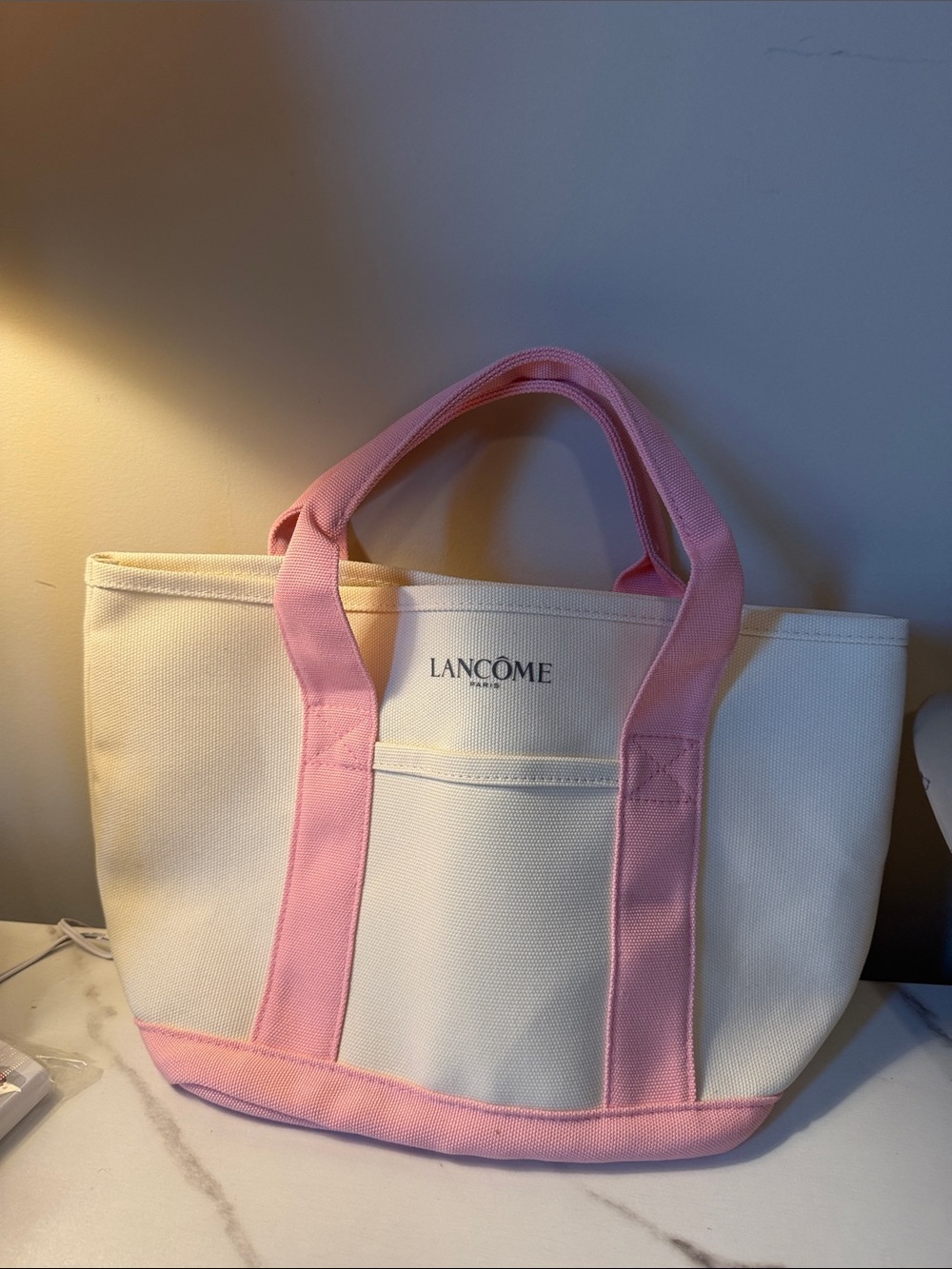 Lancôme Cream and Pink Canvas Mini  Tote Bag